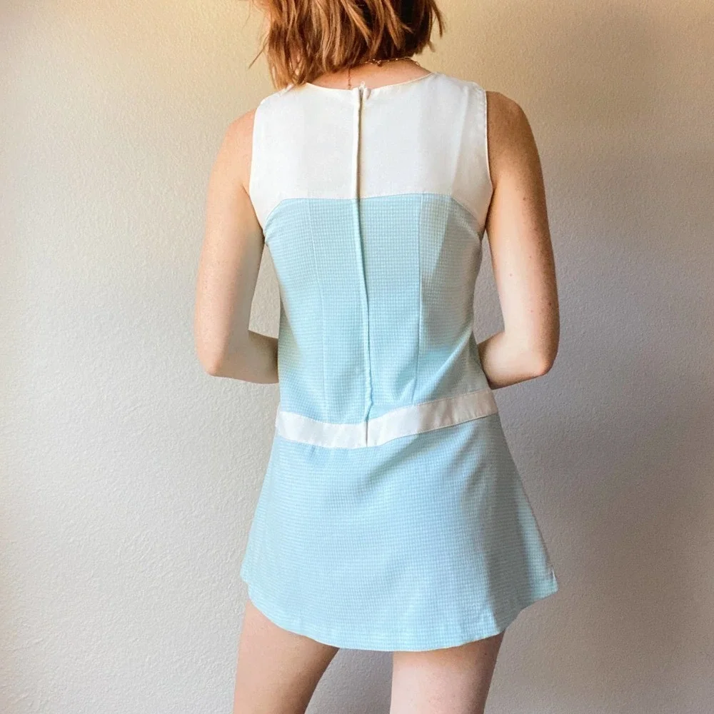Vintage 90s Blue Gingham Belted Waist Mini Dress - Picture 3 of 6